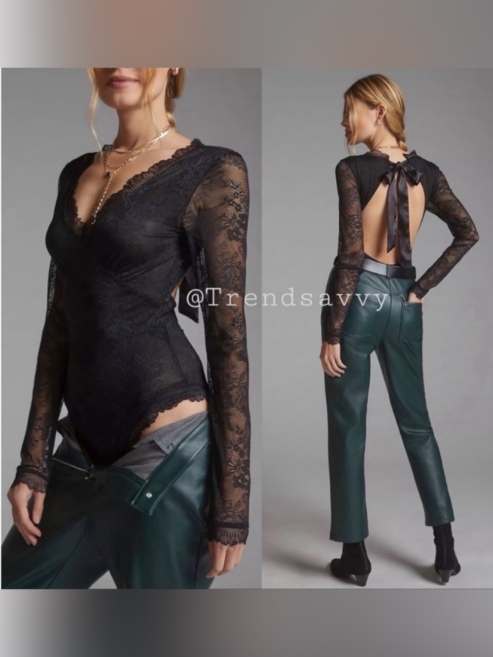 Anthropologie Black Floral Lace Open Back Bodysuit Large Long Sleeve Evening Top